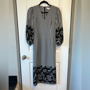 PEARL by Lela Rose Black & White Gingham  Midi Dress Puff Sleeve Poplin